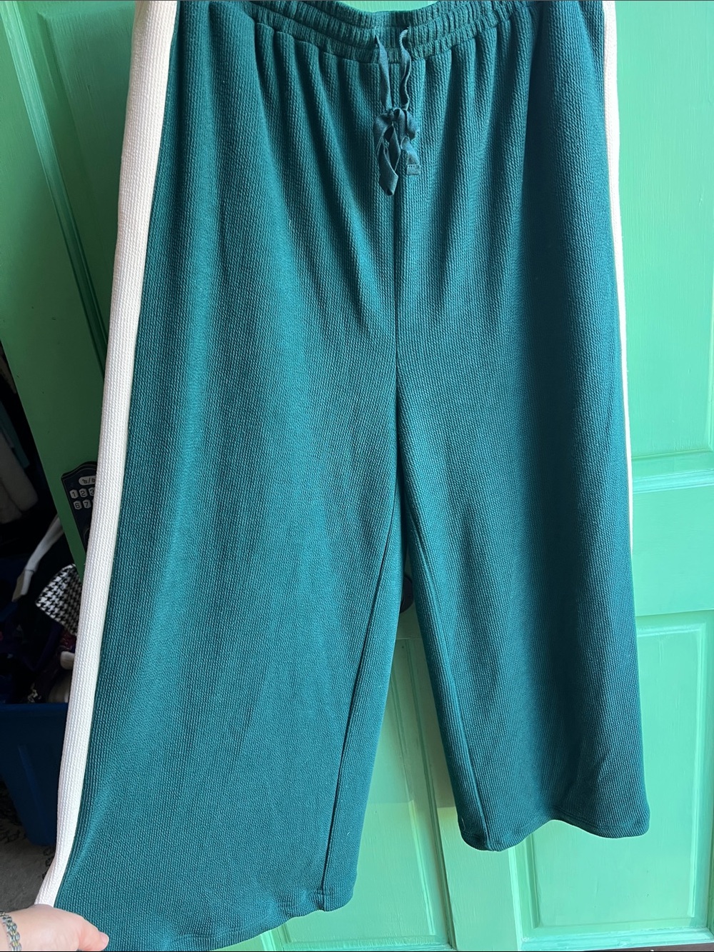 entro Wide-Leg Jogger ribbed pants Teal cream Side Stripes and pockets/ size X